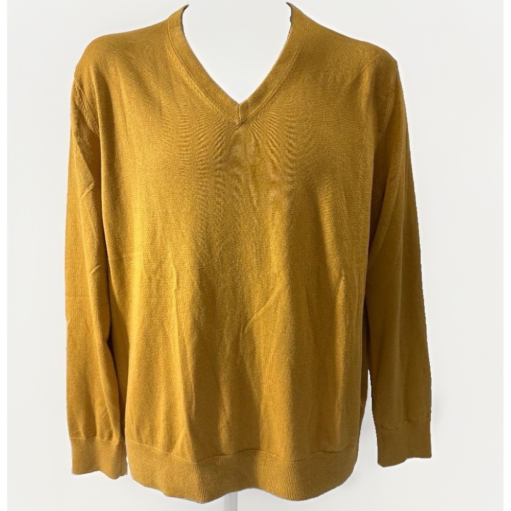 Banana Republic Men L Gold Silk Cotton Cashmere V-Neck Sweater Pullover 969946